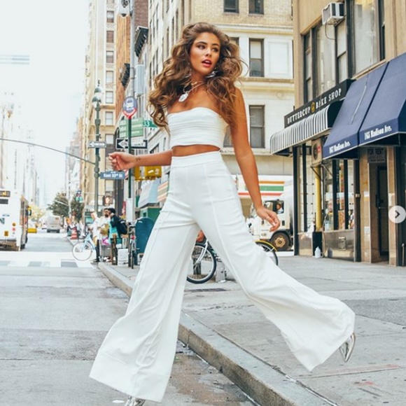 Miss Circle Pants - White Stretch Crepe two-piece pantsuit